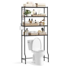 a bathroom shelving unit with a toilet