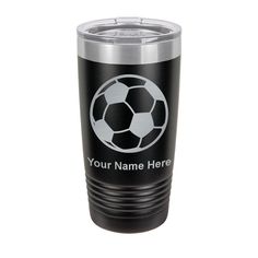 a black and silver tumbler cup with a soccer ball on the side, that says your name here