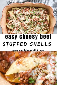 easy cheesy beef stuffed shells in a casserole dish with text overlay