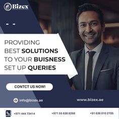 a man in a suit and tie with the text providing best solutions to your business set up queries