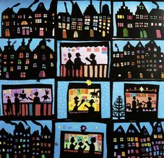 an art project with silhouettes of houses and people in the window sill,