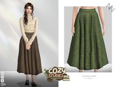 an image of a woman wearing a skirt and cropped top with the words cozy studies written on it