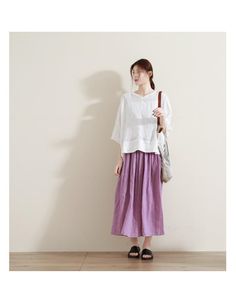 simplelinenlife-Women-Summer-Linen-Skirts Casual Purple Midi Skirt, Casual Purple Flared Maxi Skirt, Casual Purple Flared Skirt, Casual Purple Flared Bottoms, Casual Purple Skirt With Elastic Waistband, Casual Purple Relaxed Maxi Skirt, Casual Purple Flowy Skirt, Skirt Organza, Linen Skirts