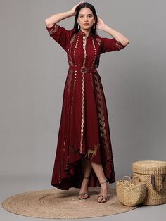 Maroon Georgette Anarkali suit and pants set with golden cutwork. The intricate details and luxurious materials make this ensemble a truly special piece to add to your wardrobe. Every detail has been thoughtfully crafted to elevate your style to the next level. Elegant Floor-length Kurta For Navratri, Elegant Long Dress With Cutdana, Formal Anarkali Set With Straight Kurta And Cutdana Details, Formal Floor-length Kurta For Festive Occasions, Formal Dresses With Zari Work For Navratri, Bollywood Style Formal Dress With Cutdana, Formal Festive Floor-length Kurta, Formal Dresses With Cutdana For Festivals, Anarkali Style Fitted Party Kaftan