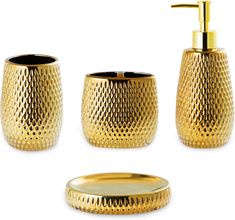 gold bathroom accessories set with soap dispenser and toothbrush holder