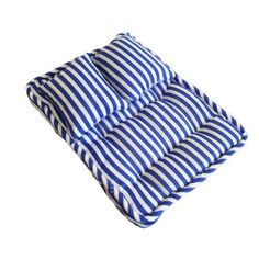 a blue and white striped dog bed on a white background with the bottom section folded up