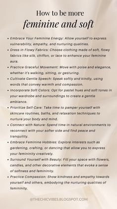 How To Be A Soft Girl Checklist, Tips For Feminine Energy, How To Be A Soft Woman, Personality Glow Up, Being Feminine Tips, Feminine Checklist, Spiritual Glow Up, How To Be A Soft Girl, How To Feel Sexier Tips