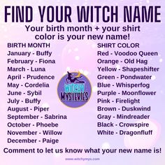 a purple and blue poster with the words find your witch name