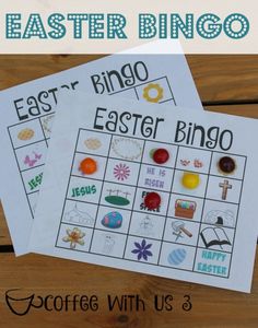 two easter games for kids to play on the table with text overlay that reads, easter