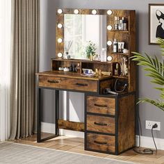 a wooden vanity with lights on it next to a potted plant in front of a window