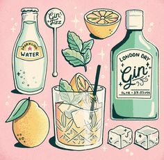 an illustration of gin, lemonade and ice cubes