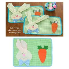 two placemats with carrots and bunnies on them, one has an easter bunny