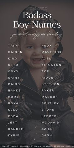 Searching for unique baby boy names for your little one, and love the badass style of edgy boy names? These badass boy names are seriously strong, cool, and you *need* to add them to your baby names list ASAP! Rare Boy Names Unique, Best Baby Boy Names, English Boy Names, Baby Names List, Edgy Baby, Cool Baby Boy Names