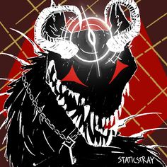 a drawing of a monster with horns and fangs on it's face, in front of a red background