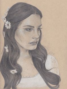 a drawing of a woman with long hair and flowers in her hair