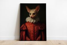 a painting of a cat in a red dress with white collar and ears is hanging on the wall