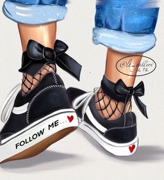 a painting of someone's feet wearing black and white shoes with the words follow me on them