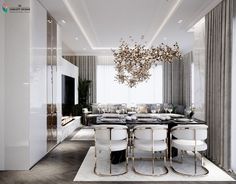 a modern dining room with white chairs and a large chandelier