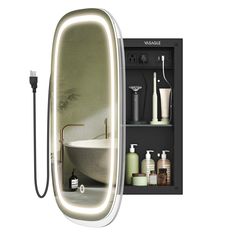 a bathroom mirror that is next to a bathtub and soap dispenser