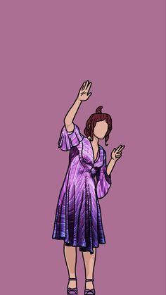 a woman in a purple dress is standing with her hand up