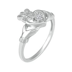 Crafted from sterling silver, the promise of love, loyalty, and friendship is brought to life in this Claddagh ring. Featuring one round brilliant cut diamond, the symbolic meaning is displayed with intricate charm. | Diamond Claddagh Ring | Sterling Silver | Round Brilliant Cut | White | Size 6 | Helzberg Diamonds White Gold Heart Ring With Single Diamond, White Gold Heart Ring With Single Diamond For Promise, Sterling Silver Brilliant Cut Diamond Promise Ring, Silver Heart Cut Single Diamond Ring, Silver Heart Cut Ring With Single Diamond, Silver Birthstone Ring With Single Diamond, Sterling Silver Diamond White Promise Ring, Sterling Silver Diamond Promise Ring In White Gold, Fine Jewelry Sterling Silver Promise Diamond Ring