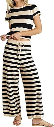 MISSACTIVER Women's Striped Two Piece Sweater Outfits Short Sleeve Pullover Tops and High Waisted Wide Leg Pants Lounge Sets Two Piece Sweater, Outfits Short Sleeve, Striped Two Piece, High Waisted Wide Leg Pants, Short Sleeve Pullover, Lounge Sets, Leg Pants, Sweater Outfits, Wide Leg Pants