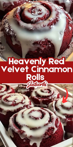 red velvet cinnamon rolls with white icing on top and in the background, there are two pictures showing how to make them