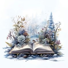 an open book sitting on top of a pile of snow covered ground next to trees