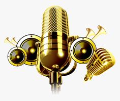 a golden microphone with three speakers on it