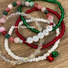 This is an adorable stack of five micro bracelets in a range of holiday colors with one strand saying Merry and bell charms Holiday Colors, Holiday Christmas Gifts, Bracelet Stack, Christmas Holidays, Holiday Gifts, Jewelry Bracelets, Charms, Beaded Bracelets, Range