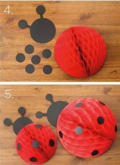 the instructions for how to make a paper ladybug decoration on a wood table