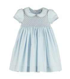 Indulge in luxury with the Casero & Associates Smock Checkered Dress. Crafted for your baby or toddler girl, the dress features a delicate light blue hue and a sophisticated checkered collar. Perfect for special occasions and stylish playdates. Elevate her wardrobe with our exclusive design. Light Blue Smocked Short Sleeve Dress, Elegant Blue Smocked Dress, Light Blue Smock Dress With Short Sleeves, Fitted Light Blue Smocked Dress With Smocked Cuffs, Light Blue Fitted Smocked Dress With Smocked Cuffs, Elegant Blue Dress With Smocked Cuffs, Elegant Blue Dresses With Smocked Cuffs, Light Blue Fitted Smocked Dress With Short Sleeves, Blue Peter Pan Collar Dress For Daywear