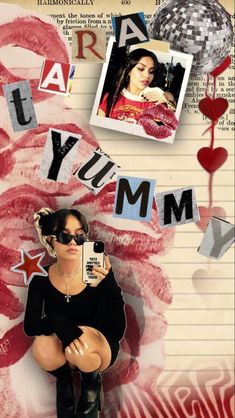 a collage of photos and letters with the words yum on them, including an image of a woman in sunglasses