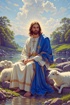 jesus sitting on rocks with sheep in the water next to him and looking up at the sky