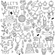 a black and white drawing of birthday items