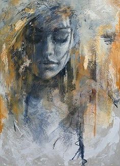 an abstract painting of a woman's face with her eyes closed and hair blowing in the wind