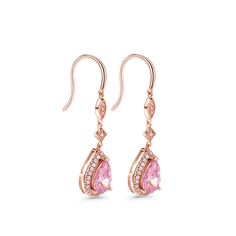 Beautiful drop earrings making for an elegant piece. Each earring is comprised of a highly polished rose gold stud, from which drops a stone set link and a large pear cut pink morganite. The rose gold perfectly accentuates the soft pink of the morganite stone.Carat Weight: 2.37 ctStone Size: 6*9 mmNumber of Stones: 2 Stone Shape: PearStone Color: Fancy PinkCarat Weight: 0.552 ctStone Size: 1.2,1,0.8 mmStone Type: Jeulia® StoneNumber of Stones: 56 Stone Shape: RoundStone Color: Diamond WhiteWeigh Elegant Pink Sterling Silver Teardrop Earrings, Rose Gold Cubic Zirconia Teardrop Earrings, Rose Gold Teardrop Cubic Zirconia Earrings, Classic Pink Drop Jewelry, Pear-shaped Rose Gold Earrings For Formal Occasions, Rose Gold Pear-shaped Earrings For Formal Occasions, Pink Drop Earrings Fine Jewelry, Formal Pear-shaped Rose Gold Earrings, Formal Rose Gold Pear-shaped Earrings