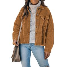 Brown Corduroy Trucker Jacket Frayed Hem Button Down Cord Coats Long Sleeve Corduroy Shackets Oversized Fit Ripped Raw Hem Trucker Cord Jackets #corduroyjacket #cordjacket #ripped #rippedhem #frayed #raw #cordcoat #corduroycoat Corduroy Trucker Jacket, Corduroy Jacket Womens, Blazer Mini Dress, Long Sleeves Coats, Dark Khaki, Winter Jackets Women, Trucker Jacket, Corduroy Jacket, Jacket Buttons