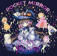 a woman in a witches costume holding a cell phone with the words pocket mirror happy halloween written on it