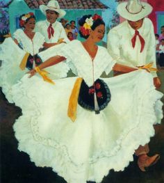 a painting of two women in white dresses and hats dancing with other people behind them