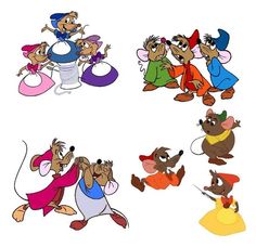 four cartoon mouses are playing with each other