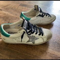 Rare, Green With Silver Glitter Star Superstar Gg’s. Well Taken Care Of, In Very Good Condition. Comes With Box And Dust Bag. Size 37. Golden Goose Silver, Shoes Golden Goose, Golden Goose Superstar, Goose Shoes, Golden Goose Sneakers, Golden Goose Shoes, Glitter Stars, Dream Shoes, Golden Goose