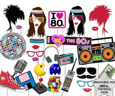 a bunch of different items that are in the shape of a photo booth props, including sunglasses and headphones