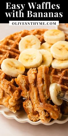 the waffles are topped with banana slices and syrup for breakfast or brunch