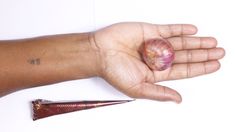 a person's hand holding an onion on the tip of their arm