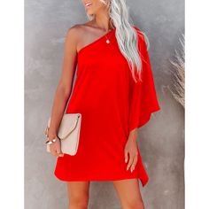 Red Sloping Shoulder One Piece Casual Dress Red Solid Color Summer Dress, Red Solid Knee-length Mini Dress, Red Mini Dress Solid Color, Red Solid Color Dress For Spring, Red Solid Color Spring Dress, Red One-shoulder Midi Dress For Summer, Casual Red One-shoulder Mini Dress, Chic Red Solid Color Mini Dress, Casual Red Midi Dress For Cocktail