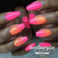 Orange Peach Nails Design, Neon Nails Dip, Magenta And Gold Nails, Bright Summer Almond Nails, Neon Nail Designs 2024, Neon Nails Designs Summer 2024, Dip Nail Ideas Summer, Bright Pink And Orange Nails, Bright Pink Nail Ideas