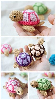 crocheted turtle amigurt pattern in four different colors