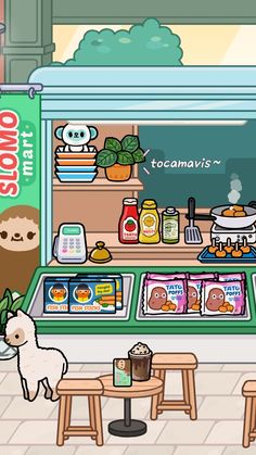 a cartoon dog standing in front of a store with food on the counter and other items behind it