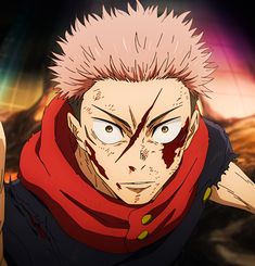 an anime character with white hair and red scarf around his neck looking at the camera